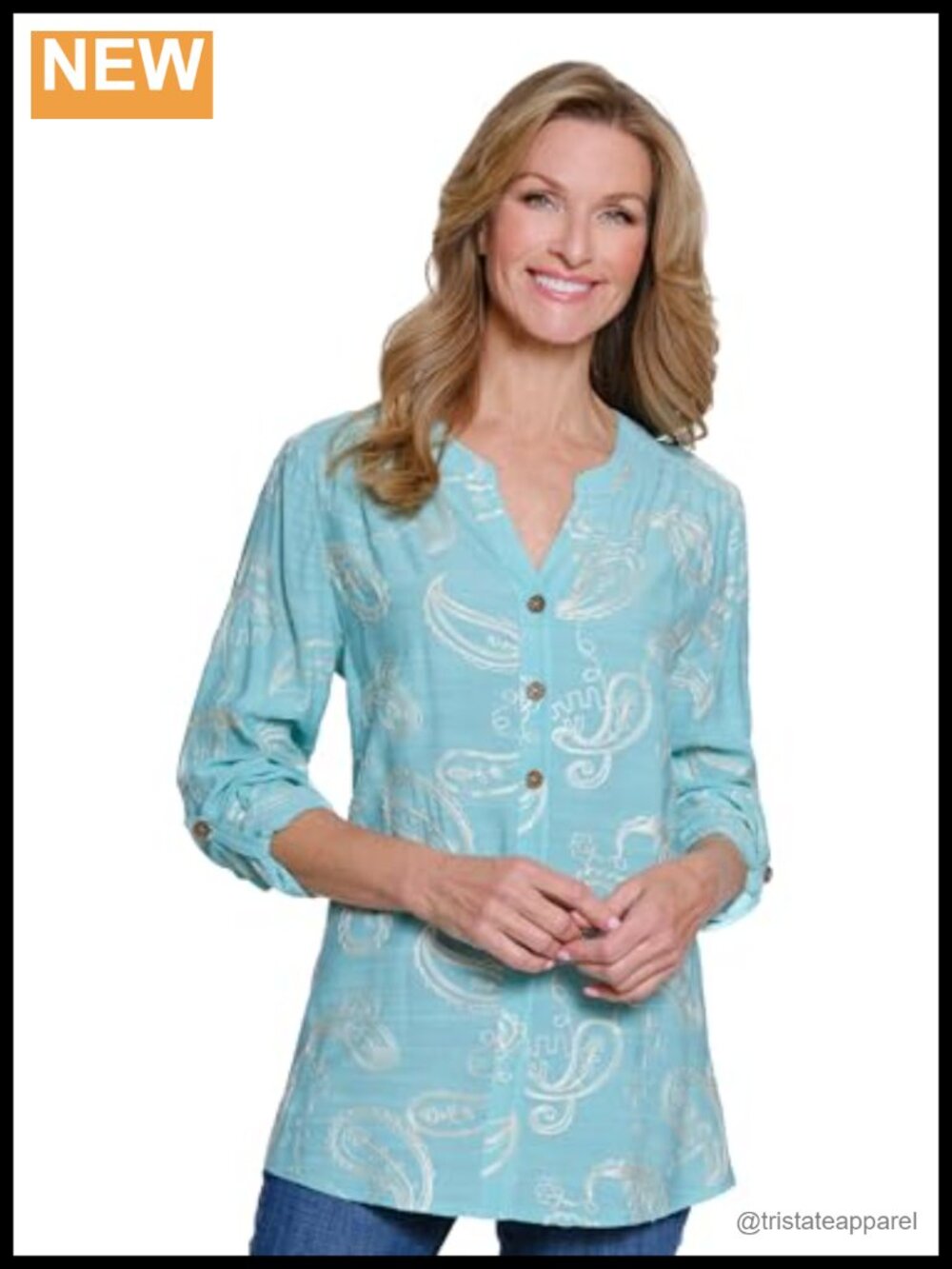 Women's 3/4 Sleeve Blouse Viscose Blend Button Front Split Neck